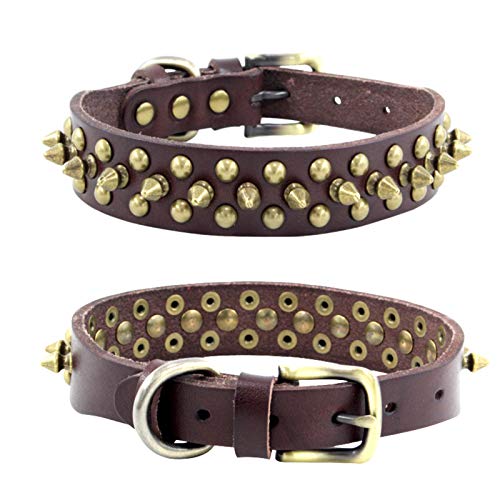 Hundehalsband aus Leder, mit Kugelnieten, verstellbare Halsbänder für kleine, mittelgroße Hunde (M, hellbraun)