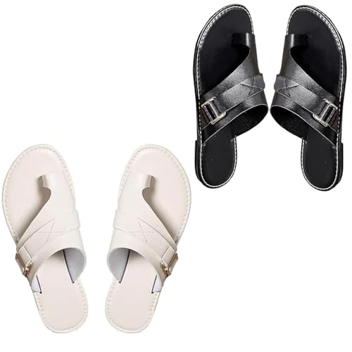 VERBANA Lightweight Orthopedic Sandals Made of Premium Leather, Dressy Sandals with Open Toe Ring Loop Strap Slip on Slide (2-Black+Beige,39)