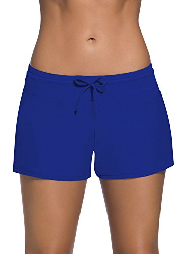 Dolamen Damen Badeshorts Bikinihose Shorts Trunks Badeanzug Bauchweg Badekleid mit verstellbarem Tunnelzug Mini Bikini Slip Beachwear, Boyleg Stil (Small, Blau)