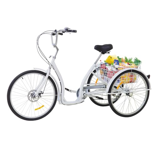 OUKANING 26 Zoll 6-Gang Dreirad für Erwachsene Senioren 3 Rad Fahrrad Erwachsene Dreirad Tricycle mit Einkaufskorb weiß,Belastung: 110 kg