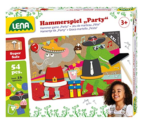 Lena 65835 - Hammerspiel Party, Nagelspiel mit 38 farbigen Teilen & 16 Sonderteile, XXL Grundplatte aus Kork ca. 28 x 19,5 cm, Hammer und Nägel, Klopfspiel für Kinder ab 3 Jahre, Hämmerchenspiel