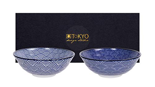 TOKYO design studio Nippon Blue 2-er Schalen-Set blau-weiß, Ø 21 cm, ca. 1000 ml, asiatisches Porzellan, Japanisches Design mit blauen Mustern, inkl. Geschenk-Verpackung