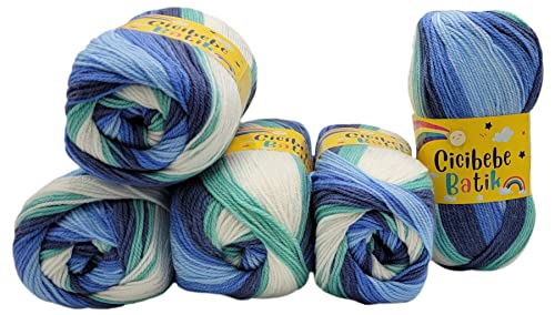 5 x 100 g Strickgarn Cicibebe Batik mehrfarbig mit Farbverlauf, 500 Gramm Strickwolle bunt, Farbverlaufsgarn (blau mint weiss 550-76)