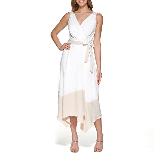 DKNY Woman's Sleeveless V-Neck Belted Asymetrical Hem Color Blocked Maxi Dress, Ivory/Beige, 40