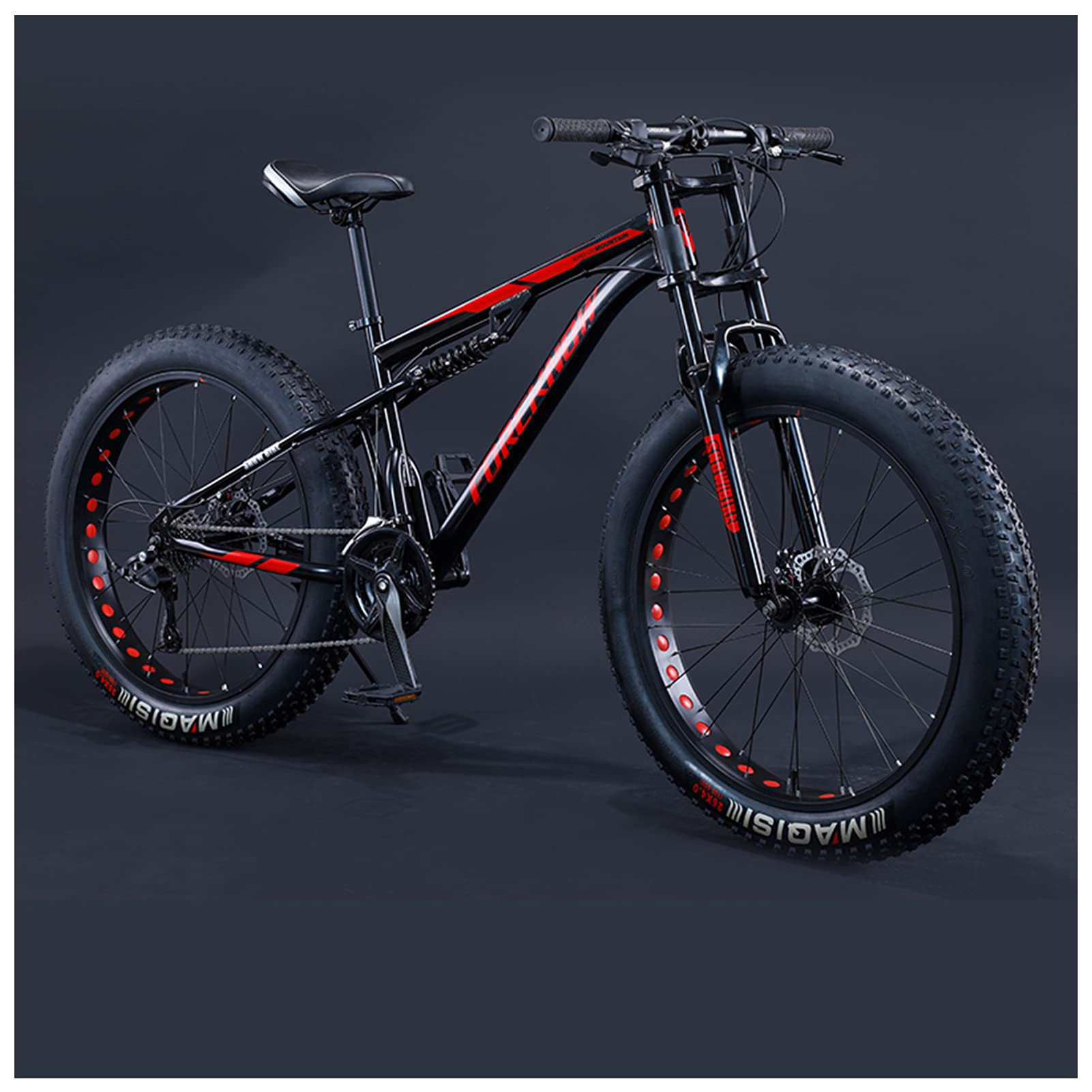 NENGGE Mountainbike Fatbike 24 Zoll Mountainbike, 7/21/24/27/30 Gang-Schaltung Erwachsene Fette Reifen Fahrrad, Rahmen Kohlenstoffstahl, Herren Damen Vollfederung Bike,Schwarz,21 Speed