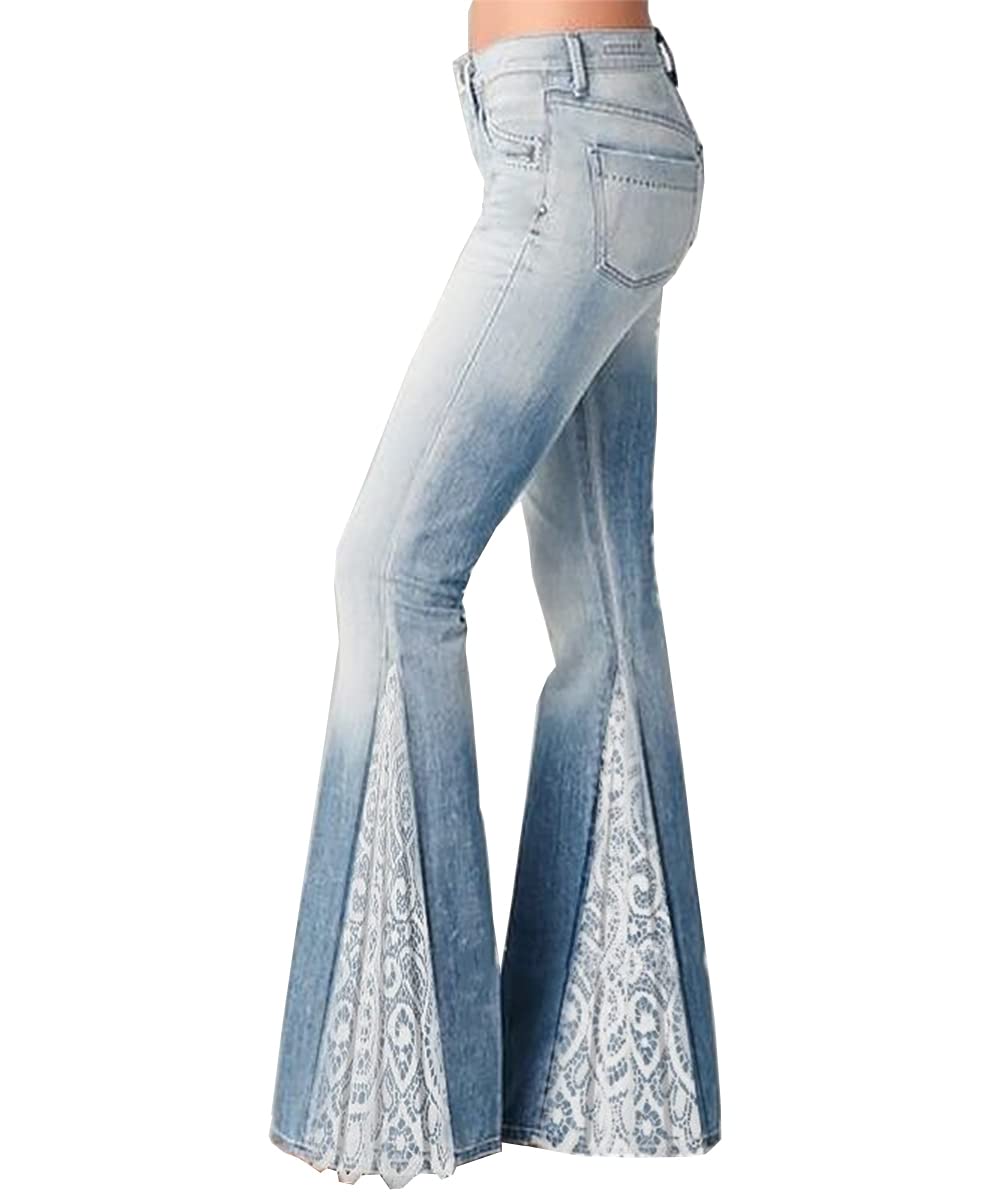 X-xyA Flare Jeans für Frauen Gradient Spitze Nähte Jean Wide Bein Jeans Hose,Blau,L