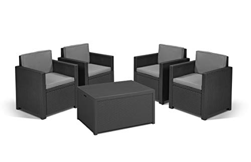 Koll Living Lounge-Set Nizza, 5-TLG. Graphit, 4 Sessel + 1 Tisch - ansprechende Sitzgruppe in Rattanoptik für den Garten, Terrasse oder Balkon - bequem und robust - Tisch mit Stauraum für Sitzauflagen