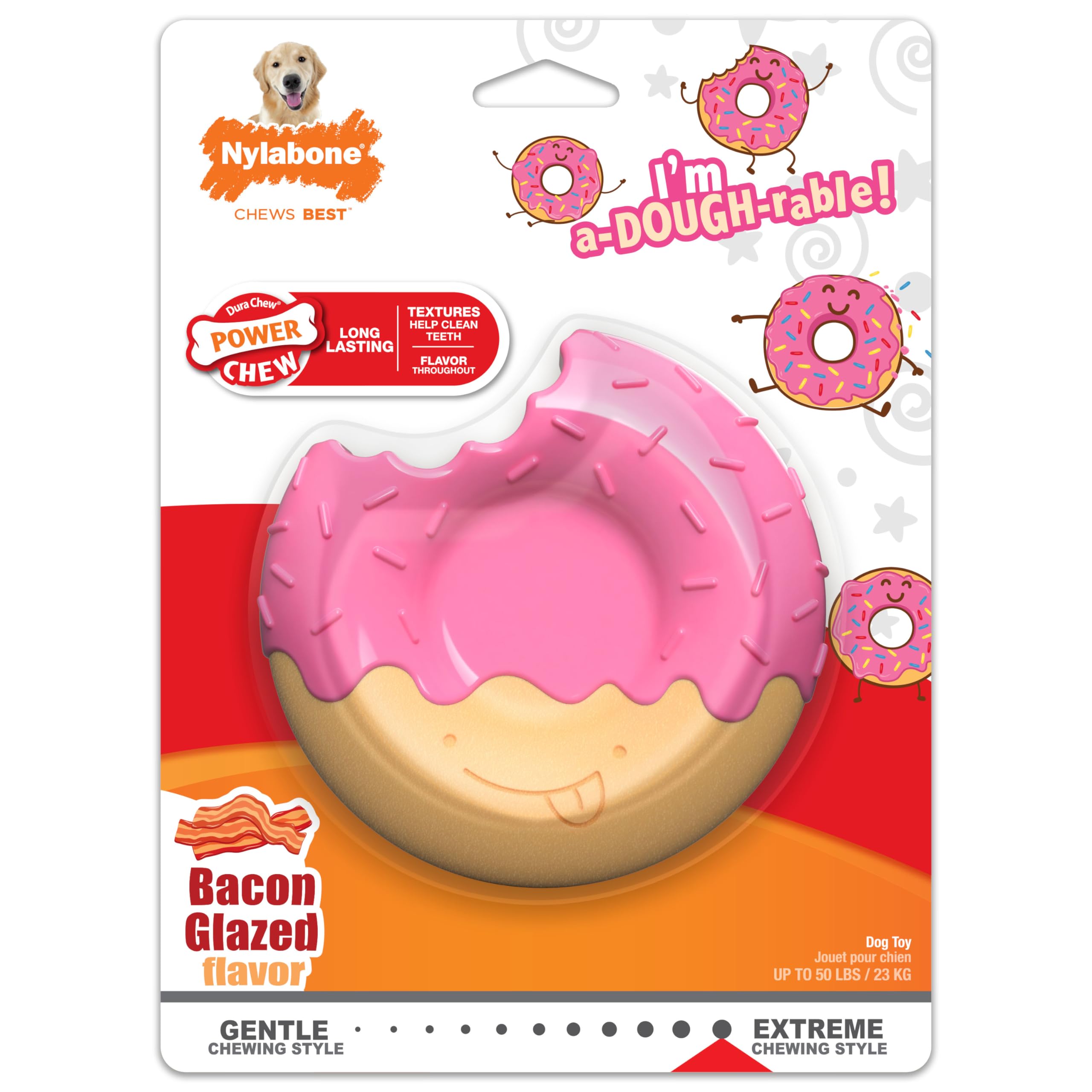 Nylabone Donut Hundespielzeug Power Chew – niedliches Hundespielzeug für Aggressive Kauer – mit einem lustigen Twist! Robustes Hundespielzeug – langlebiges Hundespielzeug – Speckglasierter Geschmack,