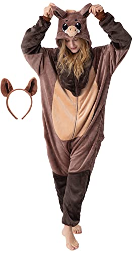 corimori Flauschiges Wildschwein-Kostüm für Erwachsene mit Haarreif | Karneval Kostüm Onesie für Damen, Herren | Körpergröße 170-180cm