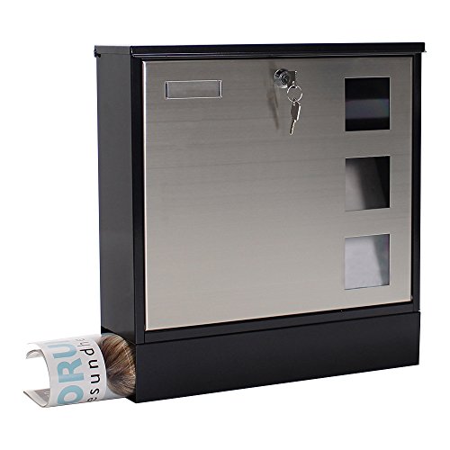 Rottner Briefkasten Design Mailbox schwarz, Tür aus Edelstahl, integrierte Zeitungsrolle, Namensschild, Sichtfenster, Zylinderschloss