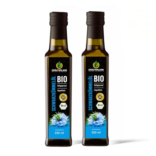 Kräuterland - Bio Schwarzkümmelöl ungefiltert - 500ml (2x250ml) - 100% rein, schonend kaltgepresst, ägyptisch, nigella sativa, vegan - Frischegarantie: täglich mühlenfrisch direkt vom Hersteller