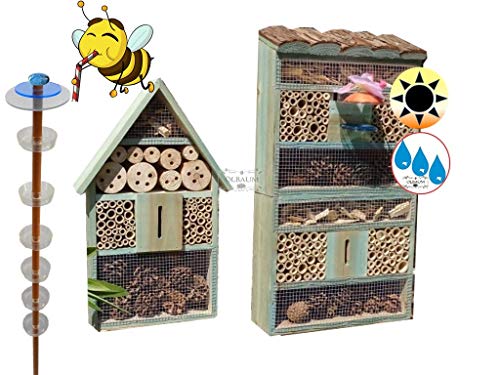 Gartendeko-Stecker mit Lichteffekt, Sonnenfänger als funktionale Bienentränke + 2X Lotus BIENENHAUS Insektenhaus,XXL Bienenstock & BienenfutterstationHolz blau lasiert