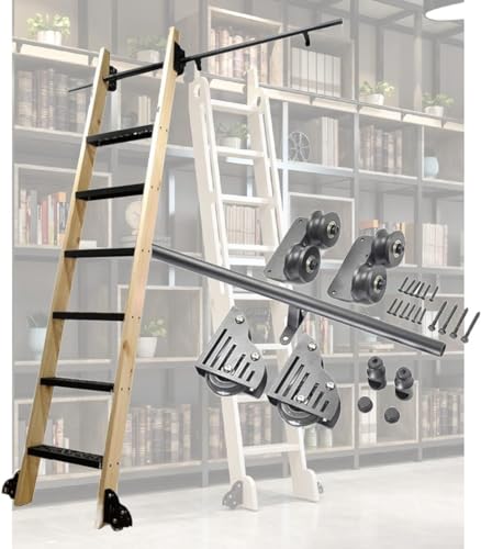CATANK Schiebe-Hardware-Roll-Bibliotheksset (ohne Leiter), Rundrohr-Schiebe-Bibliotheksleiter, Hardware-Rollen, komplettes Set mit Bodenrollen, rustikales Schwarz (Größe: 200 cm Schienen-Kit)