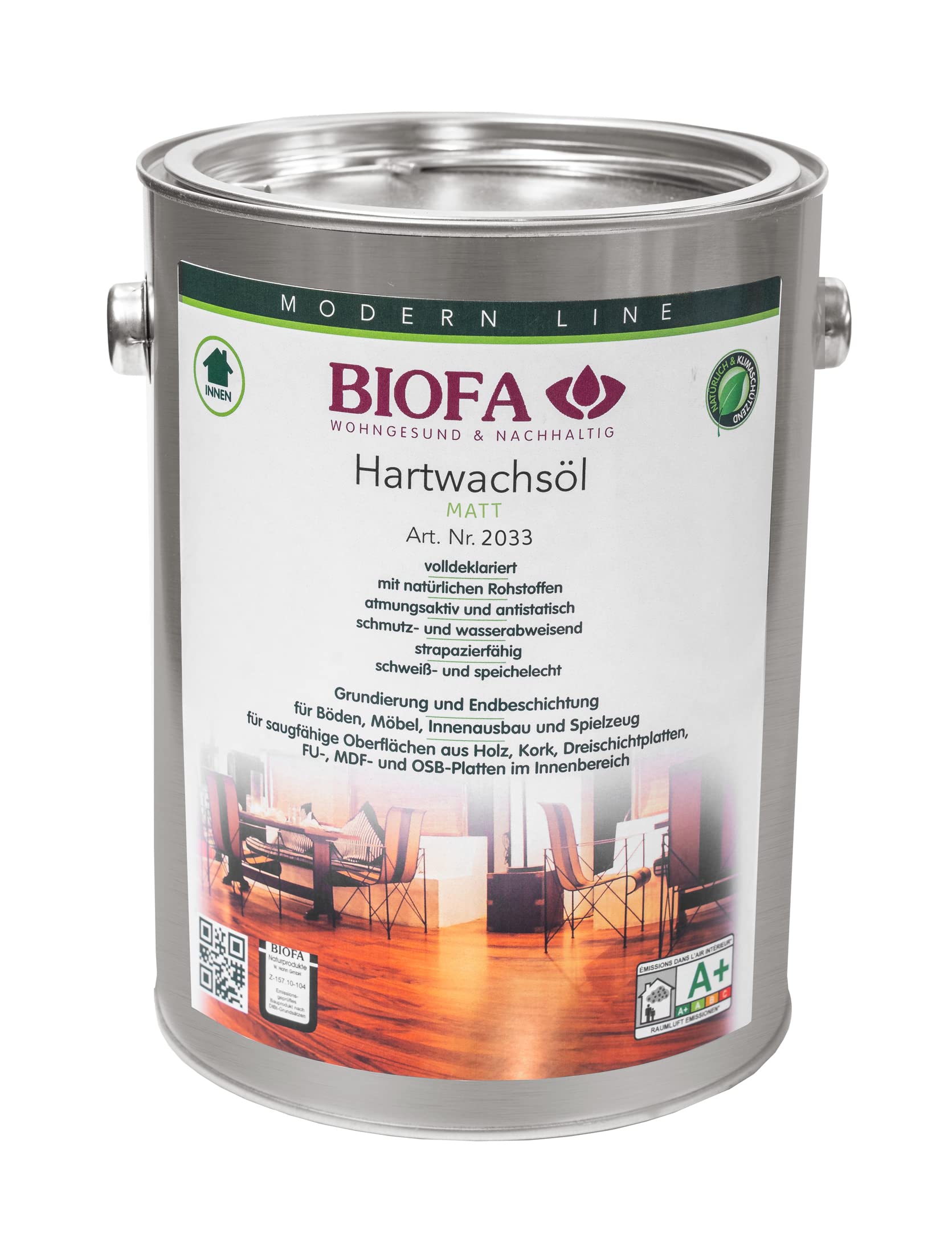 Biofa Hartwachsöl MATT 2033 2,5 Liter, Hartöl, Holzöl, Naturöl, Parkettöl, Holzbodenöl