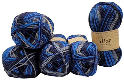 5 x 100 Gramm Sockenwolle Alize Wooltime mehrfarbig, 75% Superwash Wolle, 500 Gramm Strickwolle für Stricksocken und Strümpfe (schwarz blau grau 11011)
