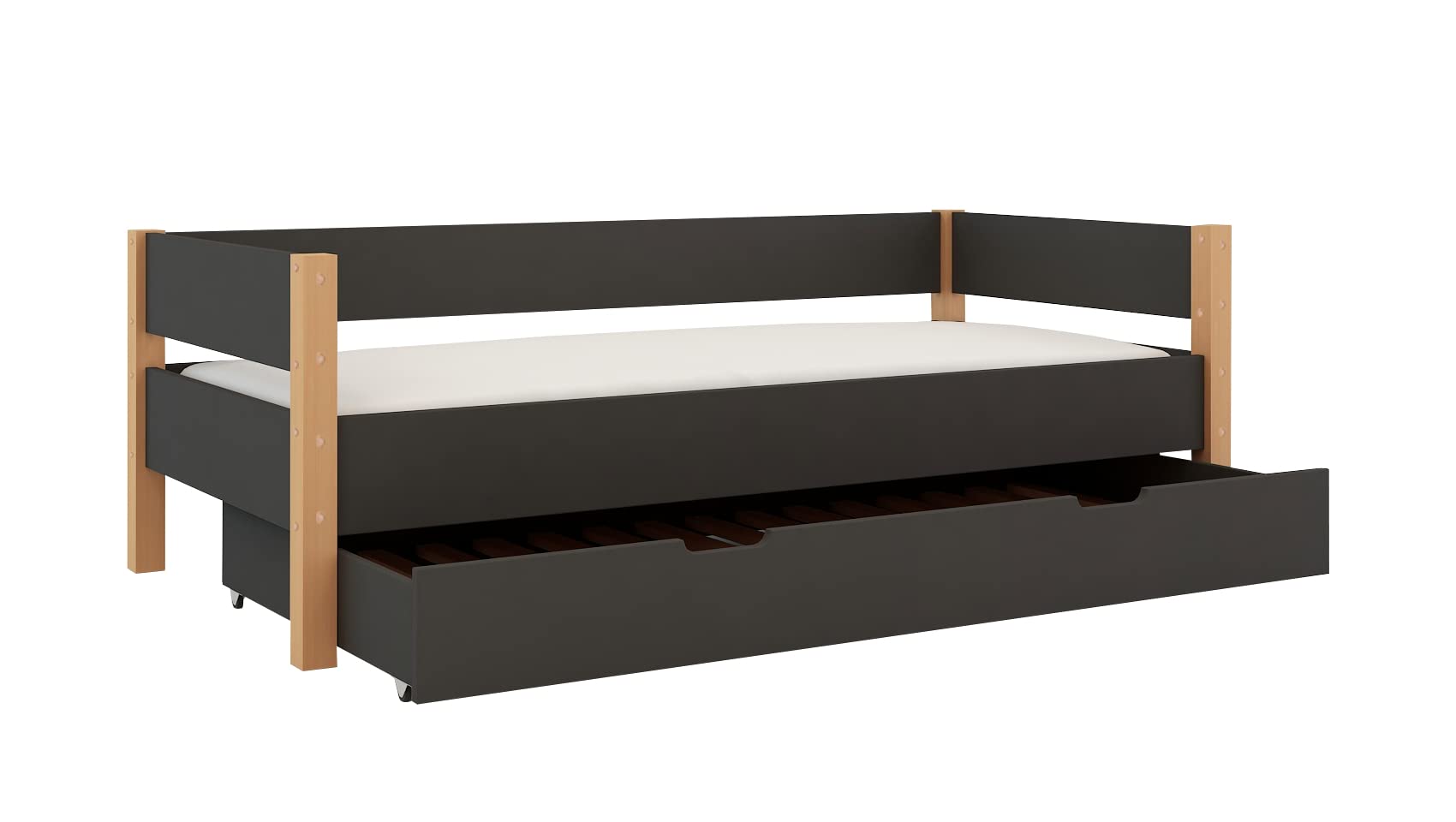Polini Home Sofabett Tagesbett Kinderbett Lollipop 200x90 cm mit Zusatzbett-Bettkasten Buchenholz massiv grau