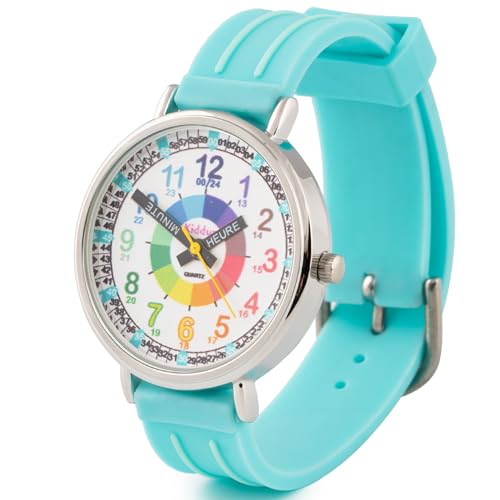 Kiddus Lern Armbanduhr für Kinder, Jungen und Mädchen. Analoge Armbanduhr mit Zeitlernübungen. Time Teacher. Français Turquoise