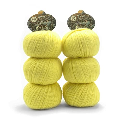 6 Knäuel Pascuali Suave naturbelassen. Strickwolle aus 100% Baumwolle zum Stricken und Häkeln, Farbe:Zitrone 70