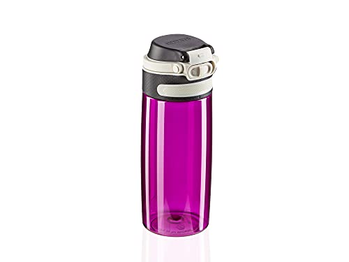 Leifheit Tritanflasche Flip 550ml, 100% dichte Sportflasche, Öffnen mit einer Hand, leichte und bruchsichere Trinkflasche mit Filter für Fruchteinsatz, nachhaltige Wasserflasche, BPA frei, lila