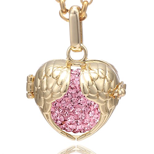 Morella Damen Halskette Edelstahl Gold 70 cm mit Schutzengel Flügel Anhänger und Klangkugel rosa Ø 16 mm in Schmuckbeutel