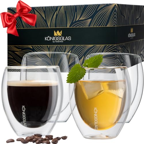 heidenfeld Original Königsglas Crema Gläser Premium Qualität - Cappuccino Tassen - Doppelwandige Design Gläser aus Borosilikatglas - Teegläser Set - Hochwertige Thermogläser handgefertigt