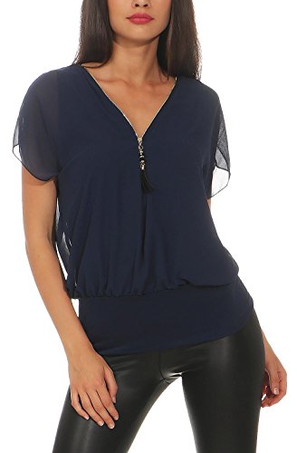 Malito Damen Kurzarm Bluse im Fledermaus Look | Tunika mit Zipper | T-Shirt mit breitem Bund | Shirt - elegant 6298 (dunkelblau)