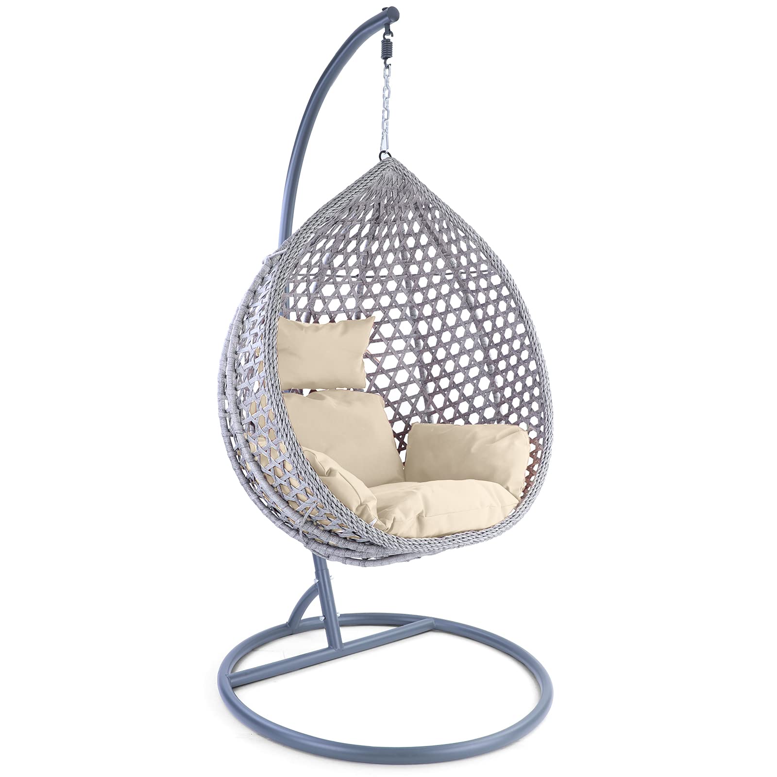 RAMROXX Luxus Hängesessel Style XL Polyrattan mit Korb grau Gestell grau Kissen beige