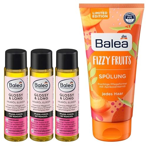 Balea 4er-Set Haarpflege: Professional Haaröl Elixier GLOSSY & LONG Pflege und Glanz für langes geschädigtes Haar (3 x 20 ml) + Haarspülung FIZZY FRUITS Aprikosenkernöl, Provitamin B5 (200 ml), 260 ml