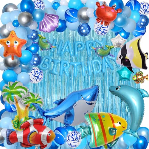 YinQin 166 Stück Blaue Ozean Geburtstagsparty Dekorationen mit Ballonpumpe, Band Punkt Kleber unter dem Meer Happy Birthday Ballons Set Hai Fisch Luftballons Geburtstag Dekorationen (Blau)
