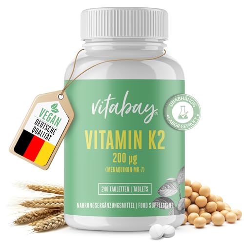 Vitabay Vitamin K2 hochdosiert 200 µg (mcg) - VEGAN 240 Vitamin K2 Tabletten MK7 MK-7 - Vitamin K2 MK7 200µg - Vit K2 Vitamin K 2 Vitamin K2 200µg All-Trans Form K2 Vitamin Vitamin-K2 Mk7 Vitamin K2
