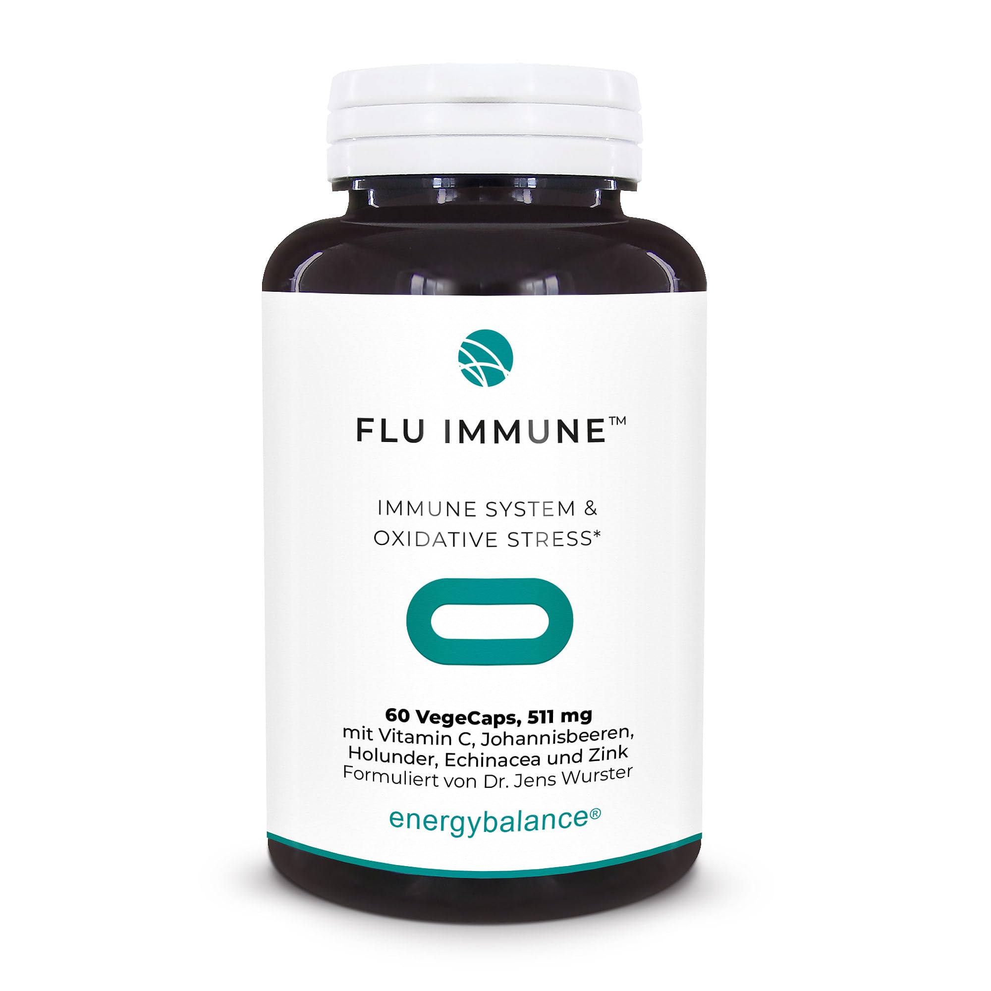 Flu-Immune 511mg - natürlicher Komplex - Hohe Bioverfügbarkeit - Antioxidantien - Vegan - Glutenfrei - Ohne Zusatzstoffe - 100% reine Zutaten - GVO-frei - Nahrungs-Äquivalent - 60 VegeCaps