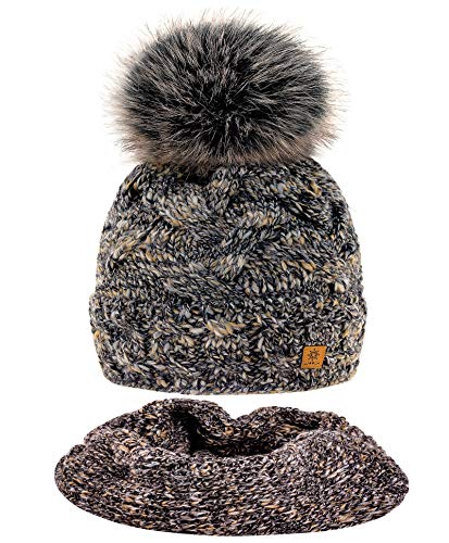 MFAZ Morefaz Ltd Set Mütze & Schal Winter Damen Alpaka Wolle Beanie Strickmütze Wurm Fleece Bommel Pom Pom (Tobacco Set Hat&Scarf)