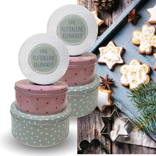 Bada Bing 6er Set Keksdose aus Metall mit Deckel in Pastellfarben - runde Plätzchendose mit Spruch Krims Krams - dekorative Aufbewahrungsdose für Weihnachten - Plätzchendose Vintage Design für Kekse