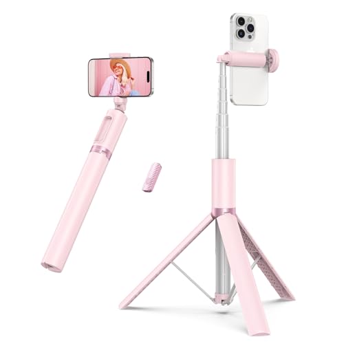 ATUMTEK Bluetooth 140CM Selfie-Stick Stativ Ausziehbares All-in-One-Telefonstativ aus Aluminium mit Kabelloser Fernbedienung um 360° Drehbar für iPhone 14/13 Mini/12 Pro/XS Max Samsung Rosa