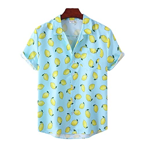 SHOUJIQQ Herren-Hawaii Hemd Aloha Hemden-Sommer-Strand-Kubanischer Kragen Digitaldruck Kurzarm-Zitronen Frucht Hemd Button-Down-Top-Bluse Für Urlaub Outdoor-Kleidung, Blau, Xx, Groß