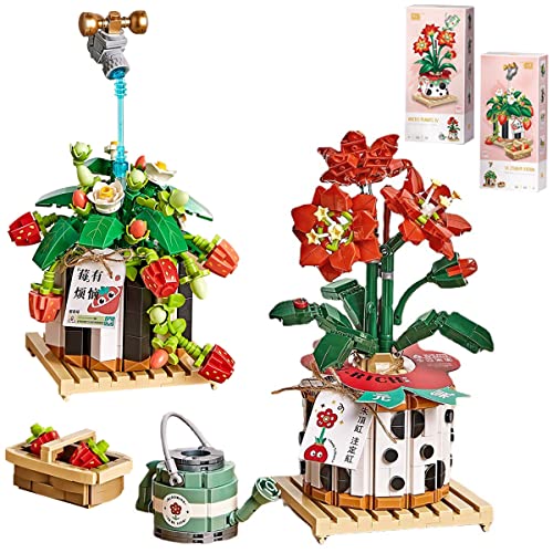 Bonsai Plant Building Kit, 686 Pieces Strawberry Bouquet in a Pot Mini Bricks Kit, Creative DIY Artificial Flowers Building Set, Gift for Children and Adults, Not Compatible with Lego (1284&1285)