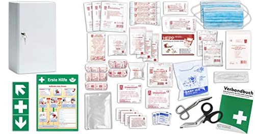 Erste Hilfe Schrank - Medizinschrank - Verbandschrank (247 x 110 x 343) -Komplettpaket- mit der Füllung DIN/EN 13157 für Betriebe + viele Extras INKL. Verbandbuch + Aushang + Folienaufkleber
