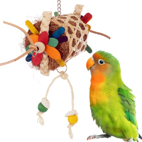 Super Bird Creations SB1226 Sidewinder Vogelspielzeug – knuspriger Bambuskorb mit Kokosfaser-Nest und bunten Eis am Stiel – Nesting Sidewinder für Preening und Futtersuche – ideal für mittelgroße