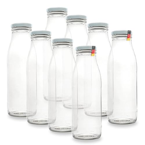 Flaschenbauer - 8 Milchflaschen 0,5 Liter mit Twist-Off-Schraubdeckeln in weiß - Weithalsflaschen mit 500 ml Volumen - geeignet als Milchflasche, Saftflasche und für Dressings oder Saucen