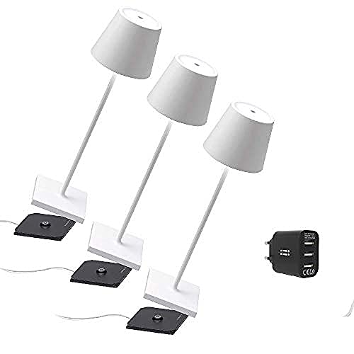 [Amazon Exclusive] Zafferano Kit 3x tragbare Lampe Poldina Pro, Aiino Dual-USB-Ladegerät zum gleichzeitigen Aufladen von Lampe/Smartphone, dimmbare LED Touch, Kontakt-Ladestation, H38cm - Weiß