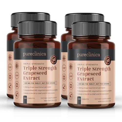 Grape Seed Extract 300mg x 720 tablets (4 bottles of 180 tablets each) - 90% Oligomeric Proanthocyanidins. 300% stronger than regular Grape Seed. SKU: GSE3x4 by Pureclinica