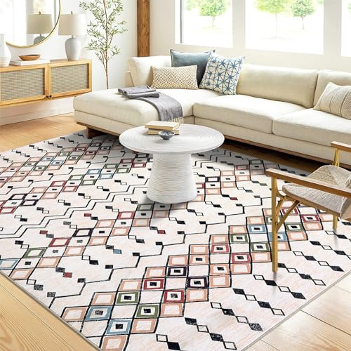 FairOnly Waschbarer Boho-Teppich, marokkanischer Teppich, groß, für Wohnzimmer, schmutzabweisend, abstrakte Teppiche für Schlafzimmer, mit Rutschfester Unterseite, Heimdekoration, Bodendekoration,