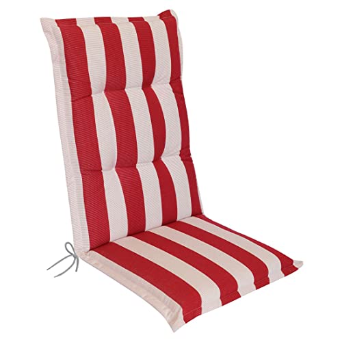 OUTLIV. Florence Sesselauflage hoch, Sitz- Rückenkissen in Rot-Weiß Gestreift, 120x50x8 cm, hochwertige Sitzauflage für Gartensessel und Gartenstuhl
