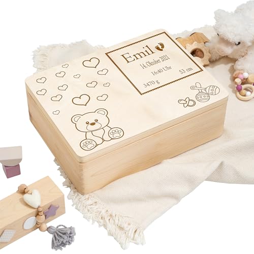 Waldwicht | Niedlicher Bär mit eingerahmten Geburtsdaten | Erinnerungsbox zur Geburt - Personalisiertes Geschenk - Aufbewahrungsbox, Erinnerungskiste, Holzkiste, Geschenkbox | mit Deckel