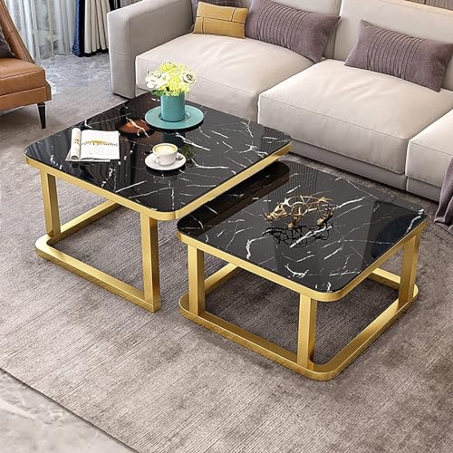 Moderner Couchtisch, Satz mit 2 stapelbaren Beistelltischen, Marmoreffekt, glatte Tischplatte aus gehärtetem Glas for Wohnzimmer, Sofatische aus Metall (Farbe: schwarzer Rahmen). ( Color : Gold Frame