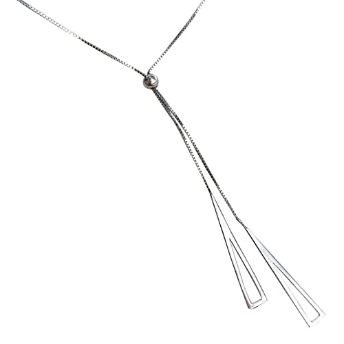 QZH Langer Anhänger Halskette mit dreieckigen Quasten 925 Sterling Silber Damen Schmuck Zubehör Verstellbar Braut Geschenk / Silber