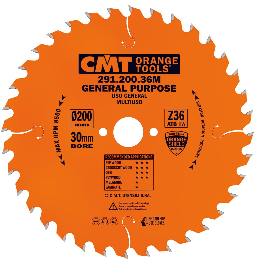 CMT Orange Tools Kreissägeblatt HW 200 x 2,8 / 1,8 x 30 Z=36 15° ATB - 291.200.36M - für Längs- und Querschnitte
