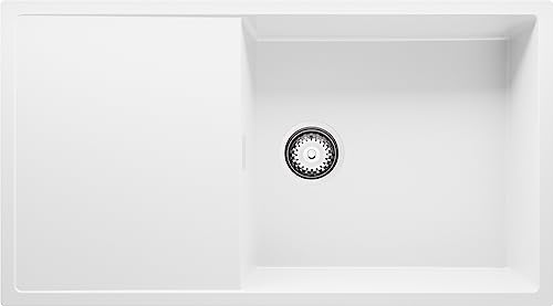Spülbecken Weiß 89 x 49,5 cm, Granitspüle + Siphon Klassisch, Küchenspüle ab 60er Unterschrank in 5 Farben mit Siphon und Antibakterielle Varianten, Einbauspüle von Primagran