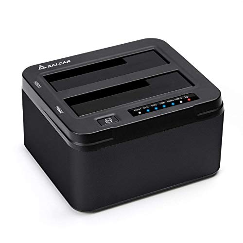 Salcar USB 3.0 Offline Klon Dockingstation mit 2 Einschüben optimiert für HDD/SSD Festplatte 2,5 und 3,5 Zoll SATA III inklusive USB 3.0 Kabel und 12V 3A Netzteil unterstützt 2x8TB Aluminium (Schwarz)