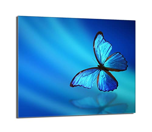 Herdabdeckplatte 60x52 Einteilig Glas Elektroherd Induktion Herdschutz Spritzschutz Glasplatte Deko Schneidebrett, Schmetterling Blau